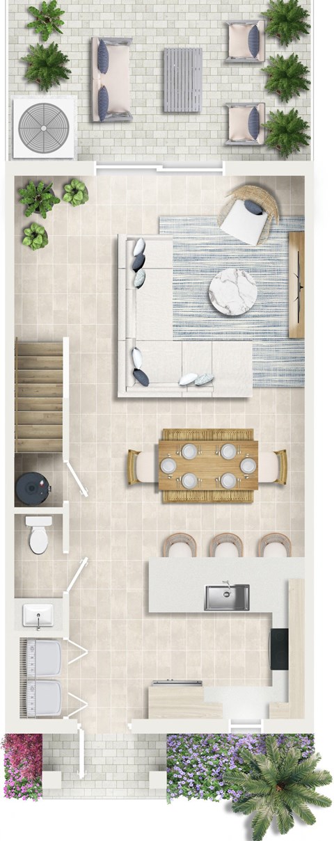 a birdseye view of the living room and dining room of this house plan